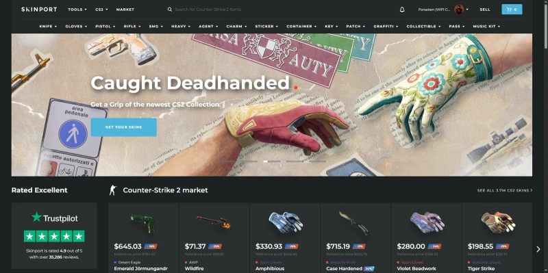 Skinport homepage showing the CS2 market, featured skins with discounts, and a Trustpilot Rated Excellent 4.9 out of 5 badge