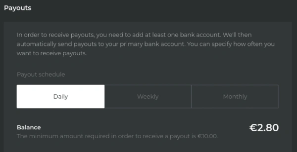 Skinport payouts screen stating the minimum amount required to receive a payout is 10 euros with a 2.80 euro balance