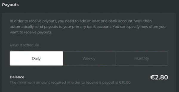Skinport payouts screen stating the minimum amount required to receive a payout is 10 euros with a 2.80 euro balance