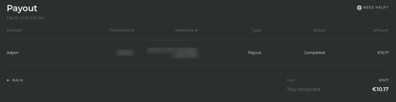 Skinport payout record showing an Adyen bank transfer marked completed with the amount received