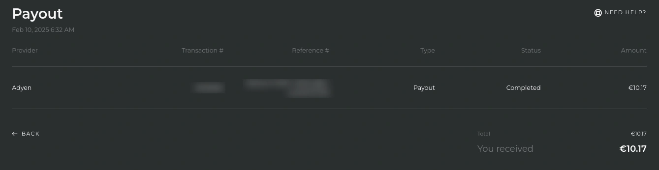 Skinport payout record showing an Adyen bank transfer marked completed with the amount received