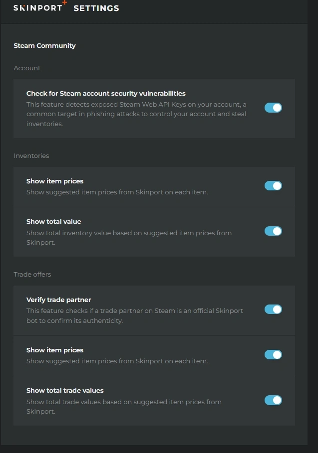 Skinport Plus browser extension settings showing Steam security check, inventory prices, and trade partner verification toggles