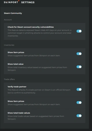 Skinport Plus browser extension settings showing Steam security check, inventory prices, and trade partner verification toggles