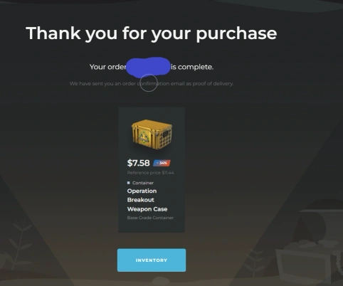 Skinport purchase confirmation for an Operation Breakout Weapon Case at 7.58 dollars, a 34 percent discount off the 11.44 reference price