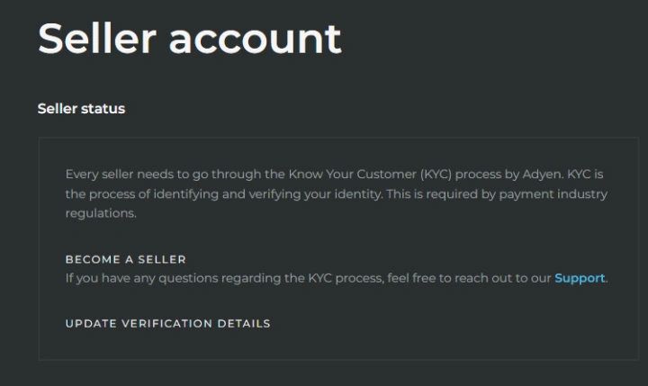 Skinport seller account page explaining that every seller must complete the KYC process run by Adyen