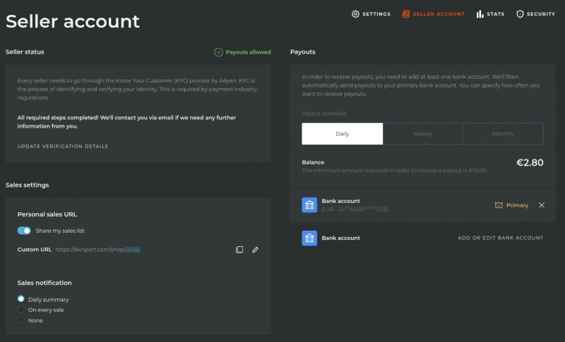 Skinport seller dashboard showing Payouts allowed status, KYC complete, a daily payout schedule, a 10 euro minimum, and a primary EUR bank account