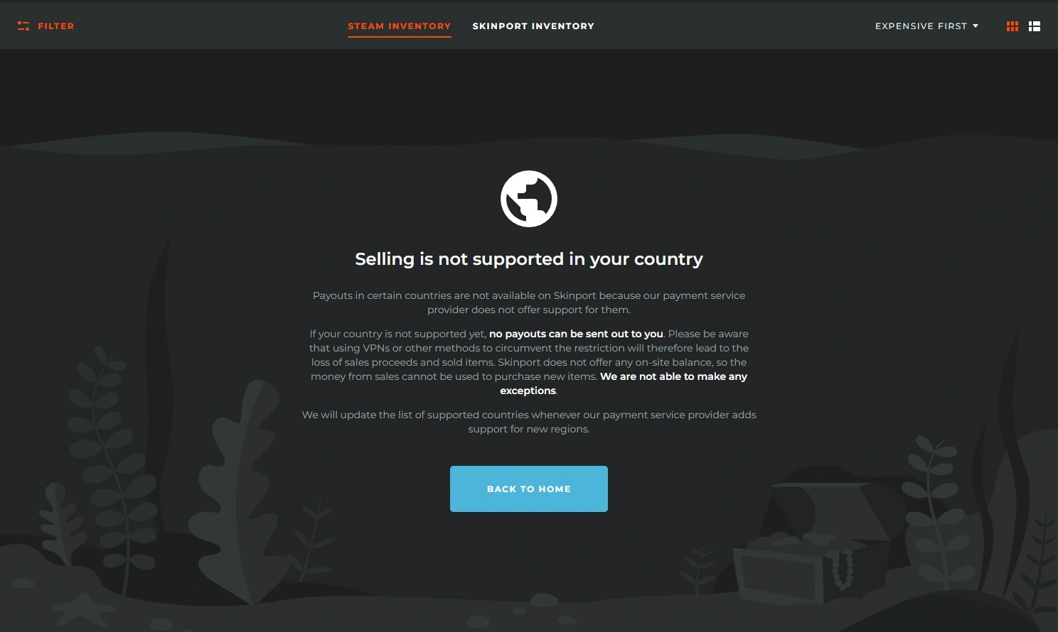 Skinport page reading Selling is not supported in your country, explaining payouts are unavailable there and no exceptions are made
