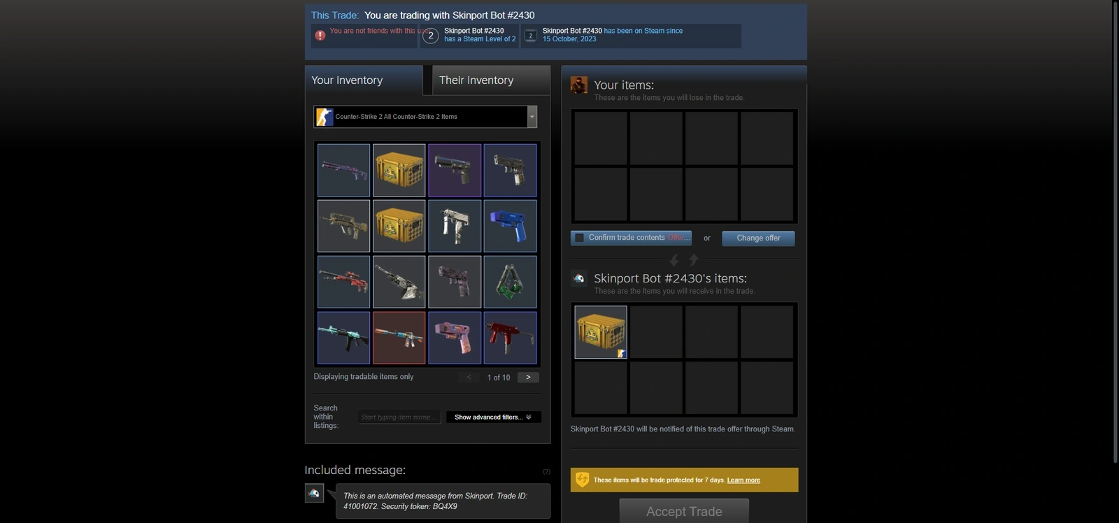 Steam trade offer with verified Skinport Bot 2430 showing a Trade ID, security token, and a 7-day trade protection notice
