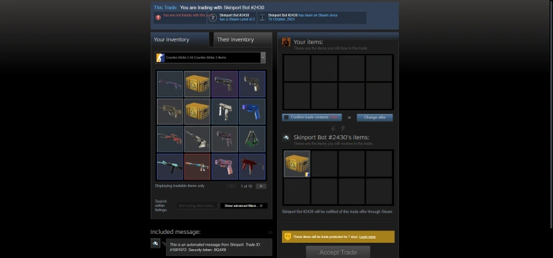 Steam trade offer with verified Skinport Bot 2430 showing a Trade ID, security token, and a 7-day trade protection notice