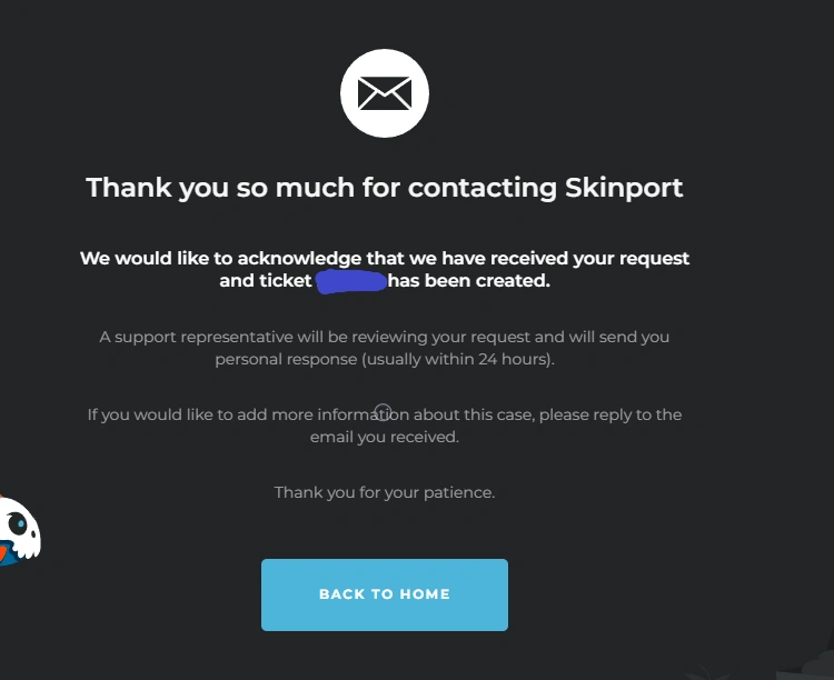 Skinport support confirmation email stating a ticket has been created and a representative will reply, usually within 24 hours
