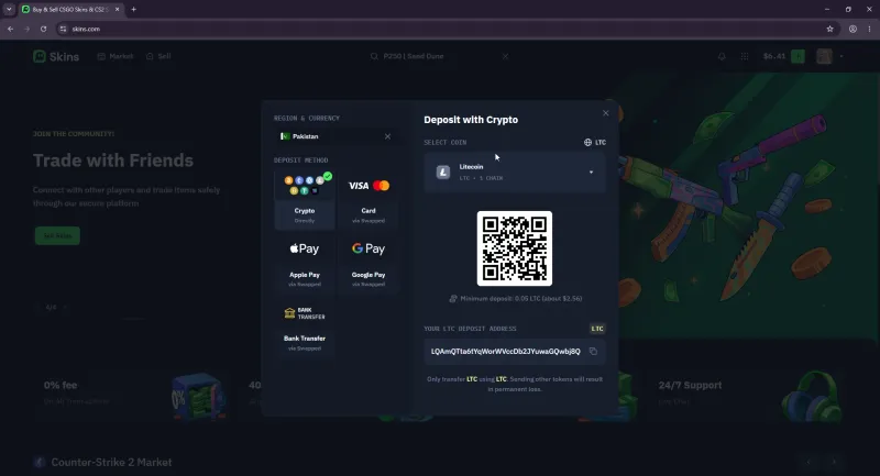 Skins.com deposit screen showing crypto and card payment options via Swapped