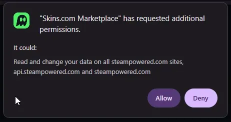 Skins.com browser extension requesting Steam permissions