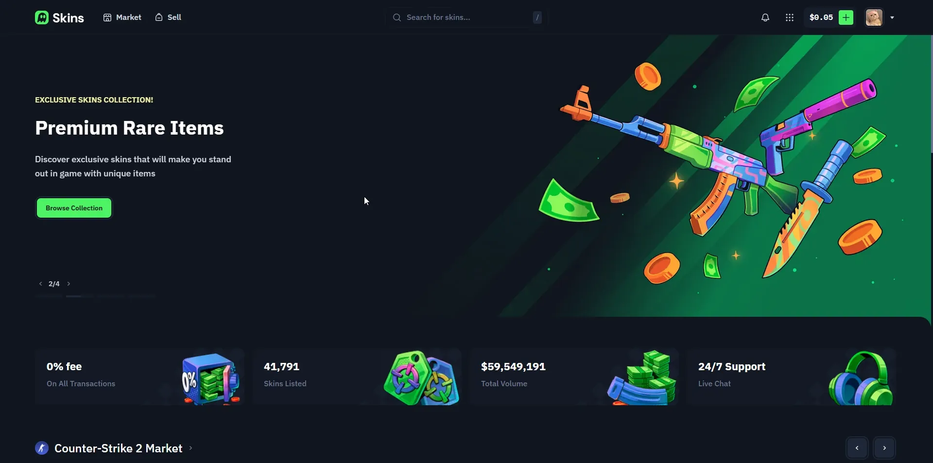 Skins.com homepage showing 0 percent fees, skin count and total trading volume stats