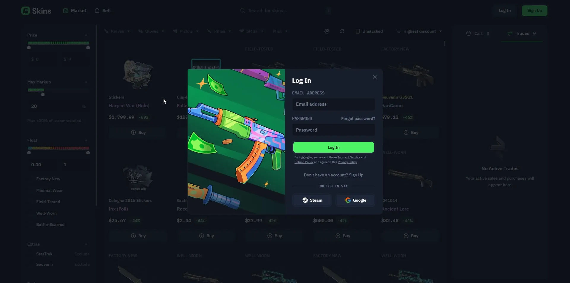 Skins.com login modal offering sign in with Steam or Google