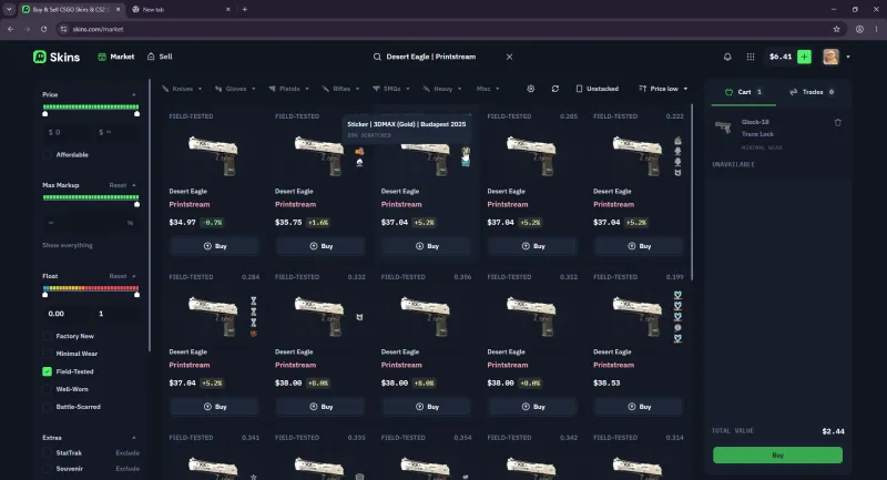 Skins.com marketplace listings for Desert Eagle Printstream skins