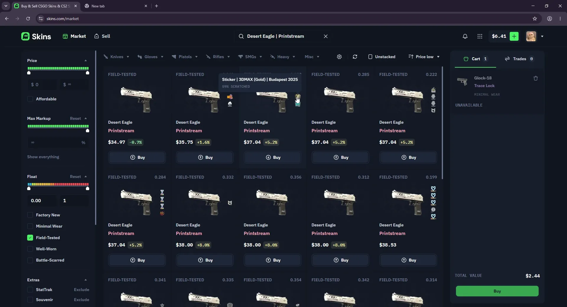Skins.com marketplace listings for Desert Eagle Printstream skins