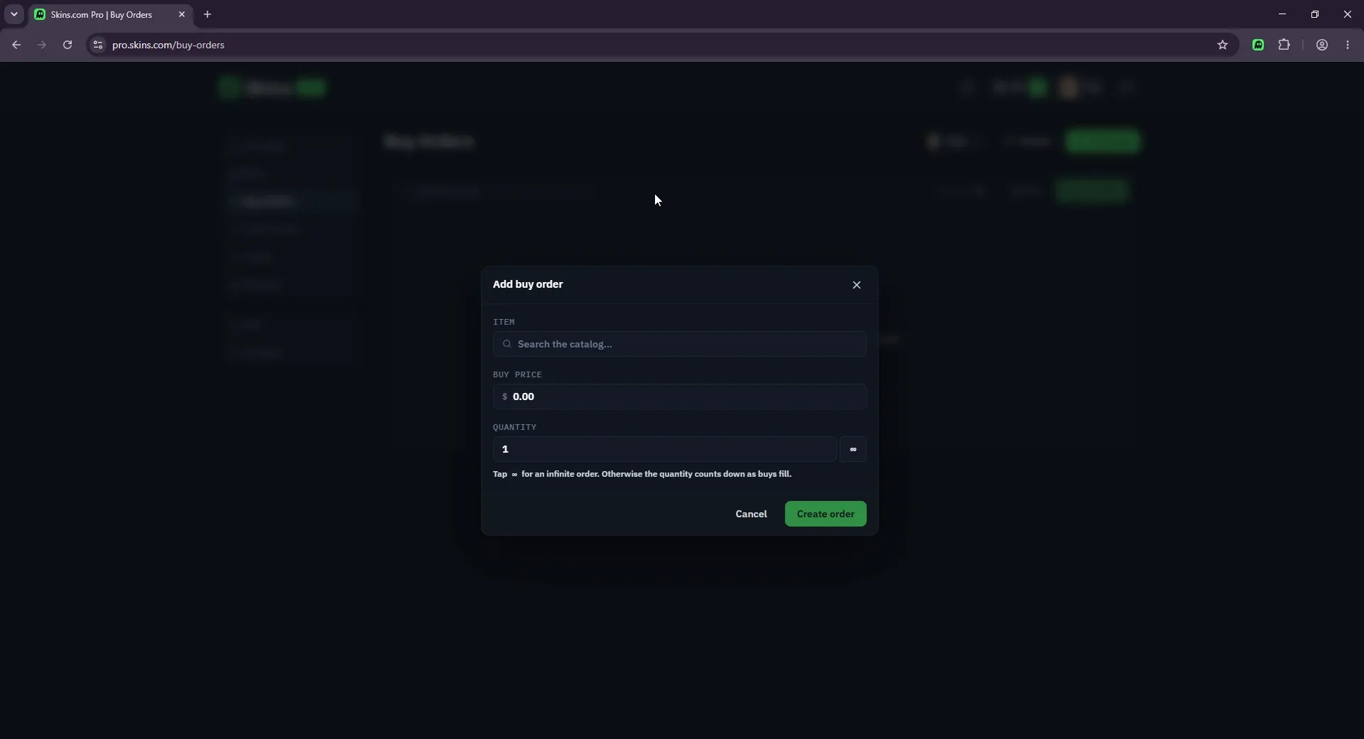 Skins Pro add buy order modal
