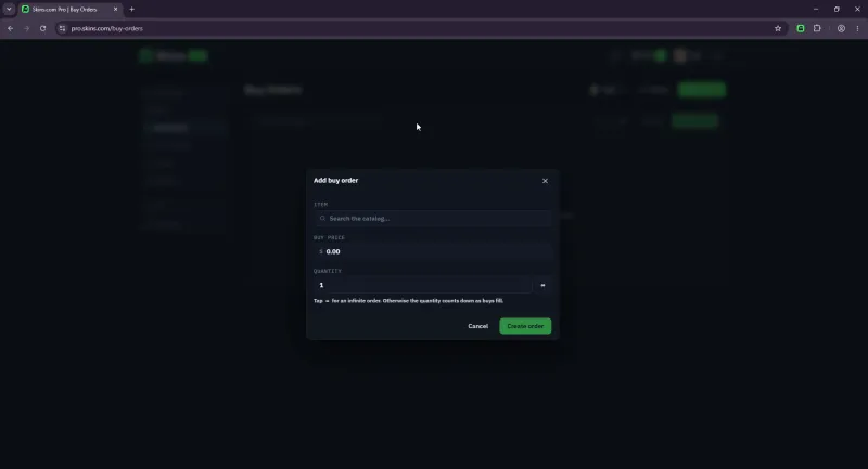 Skins Pro add buy order modal