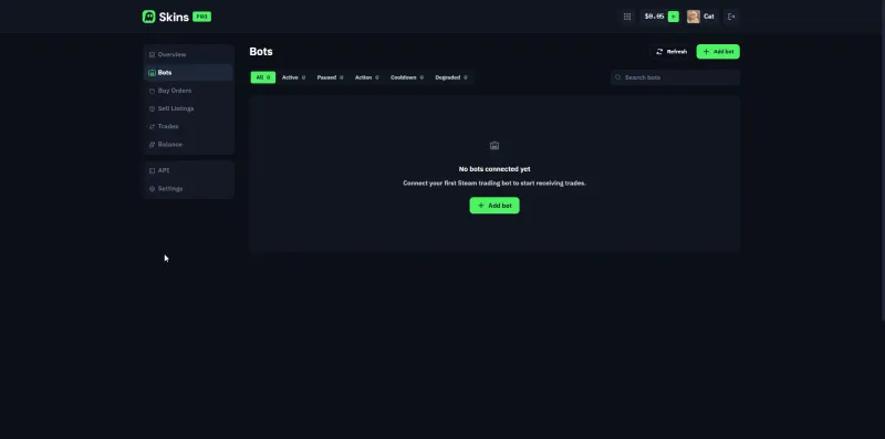 Skins Pro bots tab showing no bots connected