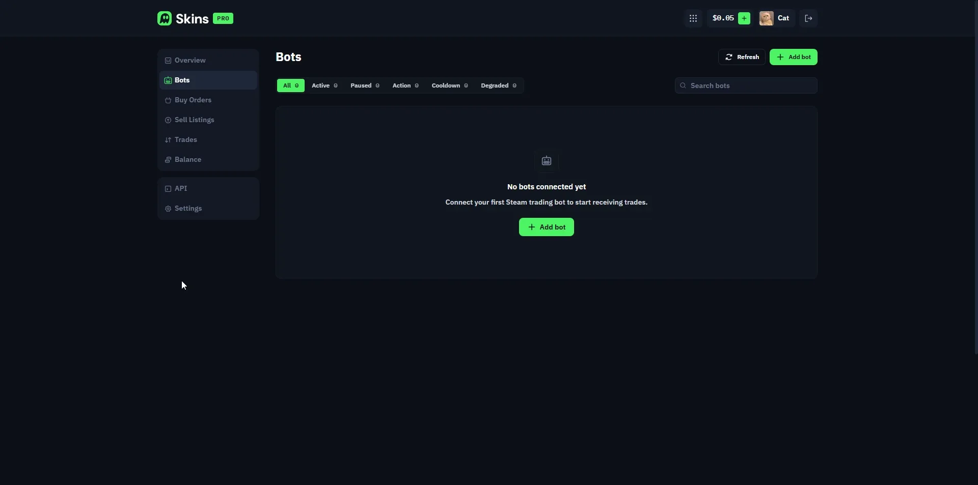 Skins Pro bots tab showing no bots connected