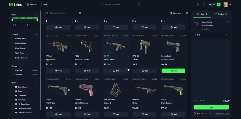 Skins.com listing a Desert Eagle Urban Rubble skin for sale