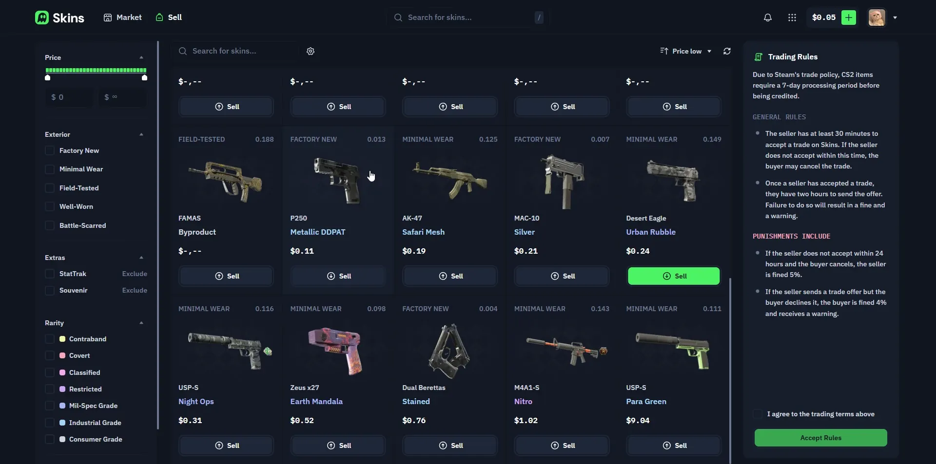 Skins.com sell inventory screen showing trading rules