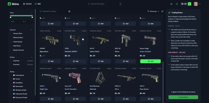 Skins.com sell inventory screen showing trading rules