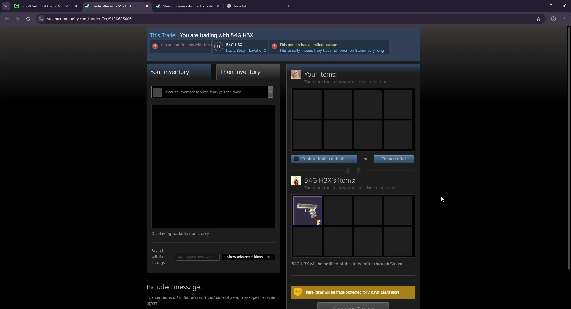 Steam trade offer from a Skins.com bot flagged as a limited account with Steam Level 0 and a 7 day trade protection