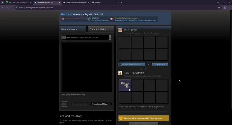 Steam trade offer from a Skins.com bot flagged as a limited account with Steam Level 0 and a 7 day trade protection