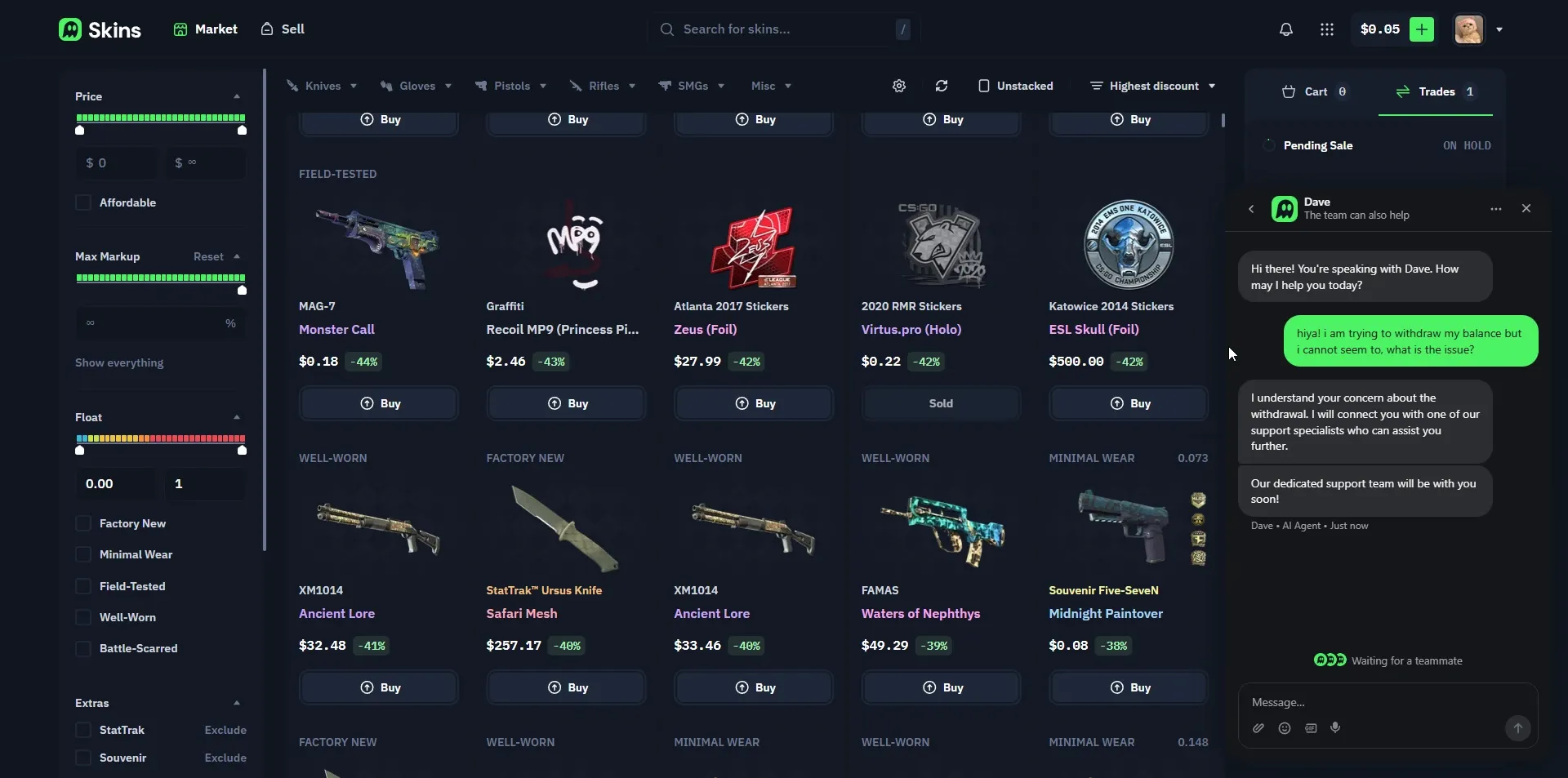 Skins.com support chat with AI agent named Dave