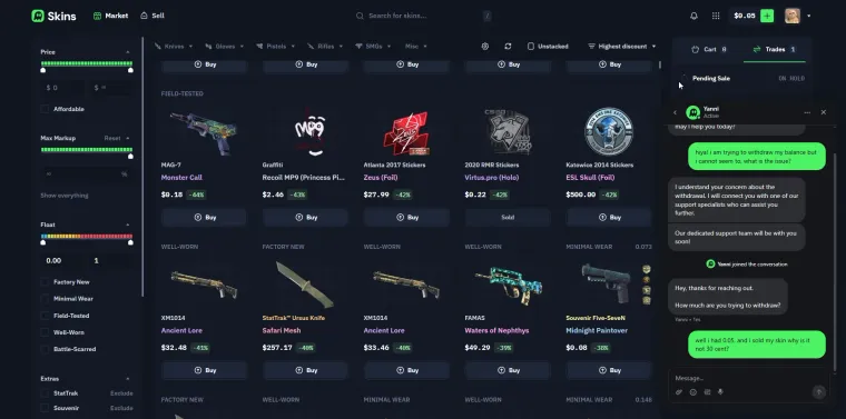 Skins.com live chat with a human support agent about a withdrawal