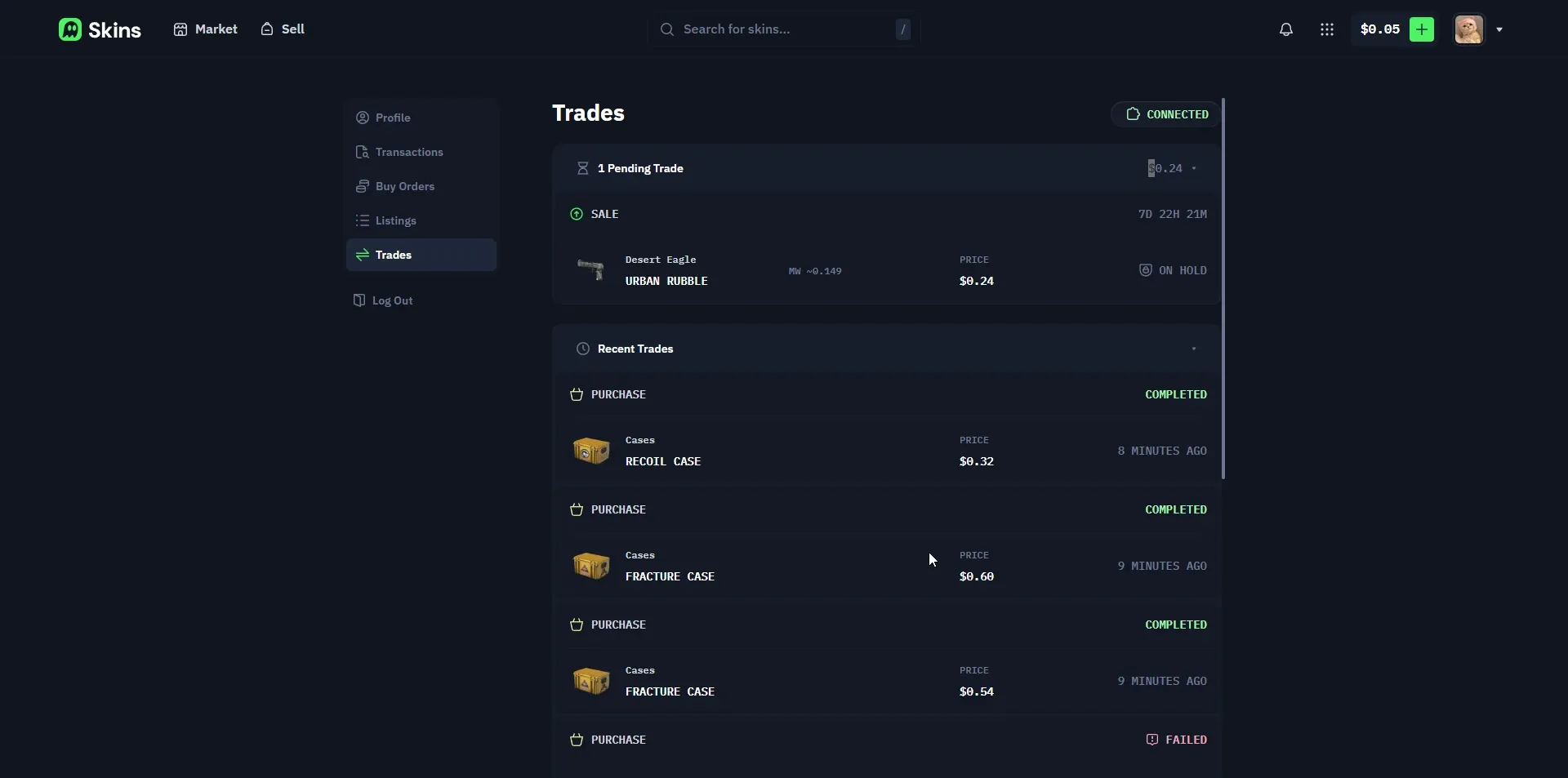 Skins.com pending sale showing a trade hold on the Desert Eagle Urban Rubble