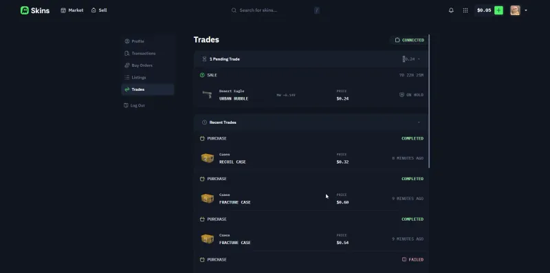 Skins.com pending sale showing a trade hold on the Desert Eagle Urban Rubble