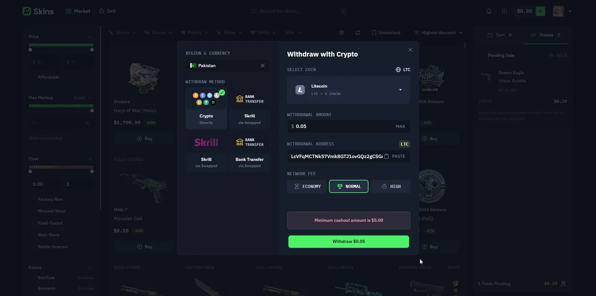 Skins.com withdrawal screen showing the 5 dollar minimum cashout