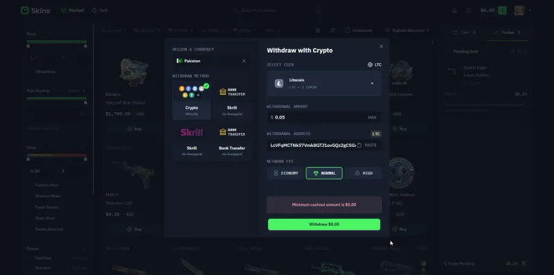 Skins.com withdrawal screen showing the 5 dollar minimum cashout