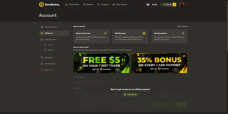 SkinsMonkey affiliates dashboard locked behind an application with a Contact Us button and hidden statistics