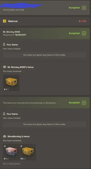 Completed SkinsMonkey swap confirmation showing bot account Mr. Monkey 063 delivering three cases