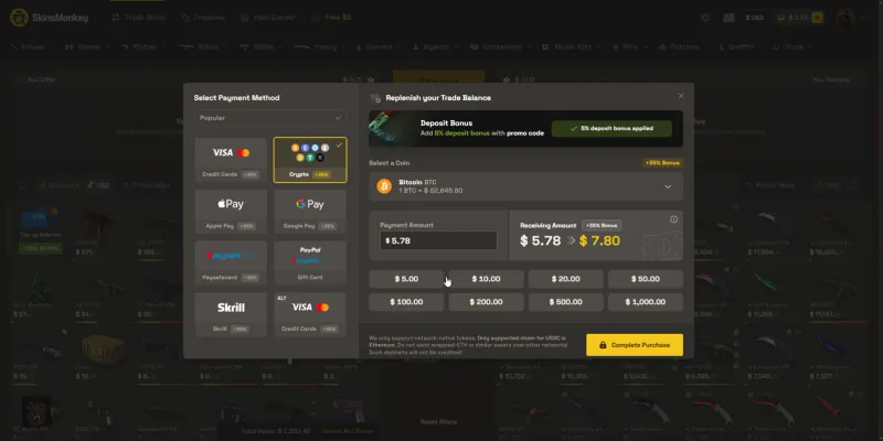 SkinsMonkey deposit window showing a 5.78 dollar Bitcoin payment becoming 7.80 in balance with the 35 percent bonus