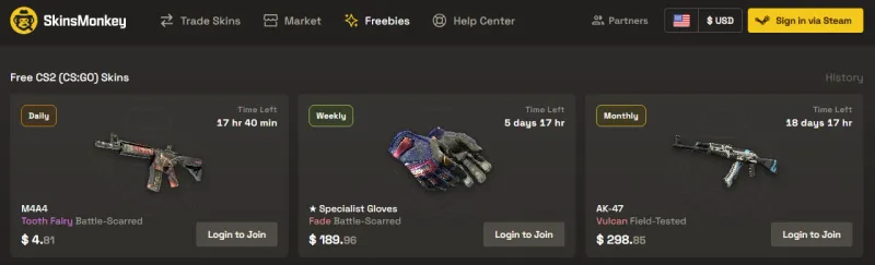 SkinsMonkey Freebies page showing free daily, weekly, and monthly CS2 skin giveaways