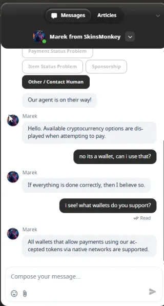 SkinsMonkey live chat with human agent Marek answering crypto wallet questions within five minutes