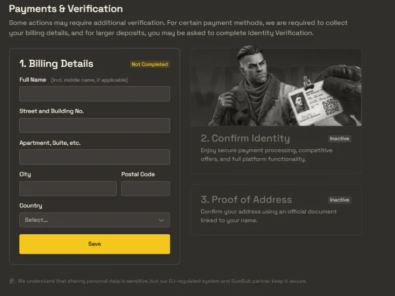 SkinsMonkey payments and verification page with billing details, identity confirmation, and proof of address steps via SumSub