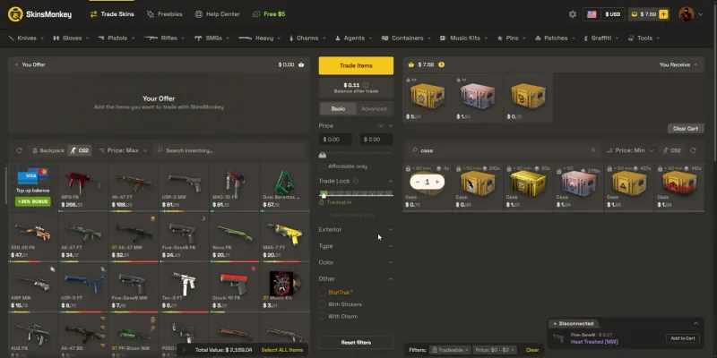 SkinsMonkey trade interface with a You Offer panel, case listings with prices, and a 35% top-up bonus tile