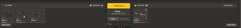 SkinsMonkey trade offering 213 dollars of skins for an M4A1-S Mecha Industries priced around 142 on other markets