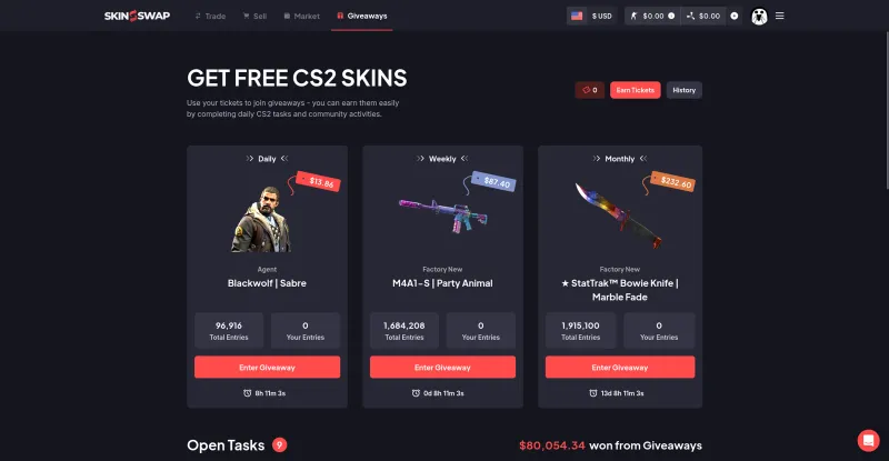Skinswap Get Free CS2 Skins page with daily, weekly, and monthly free-entry giveaways