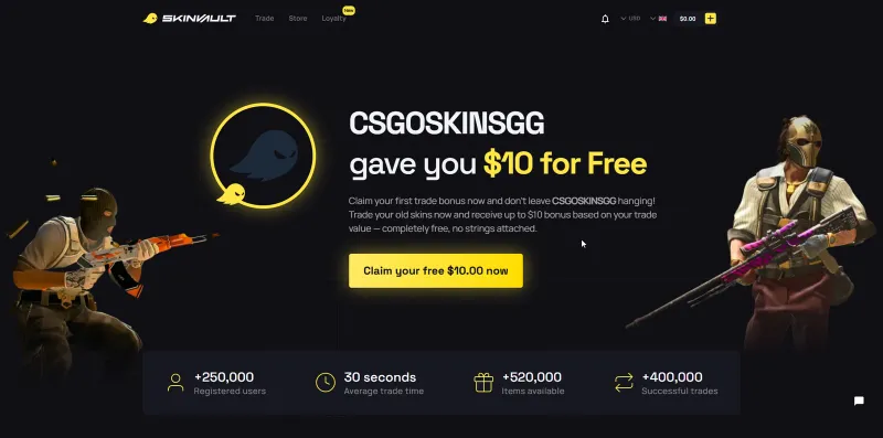 SkinVault homepage showing a 10 dollar first-trade promo and stats for users, items, and completed trades