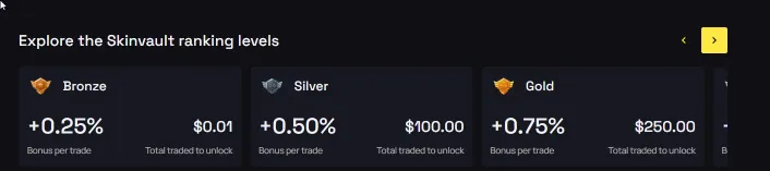 SkinVault loyalty ranking levels Bronze, Silver, and Gold with bonus per trade and trade volume to unlock