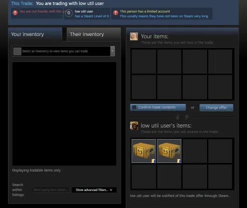 Steam trade window warning that the SkinVault bot is a limited level 0 account