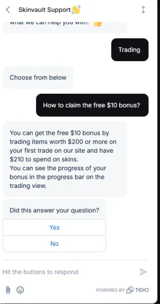SkinVault support chat explaining the 10 dollar first-trade bonus requires a 200 dollar trade
