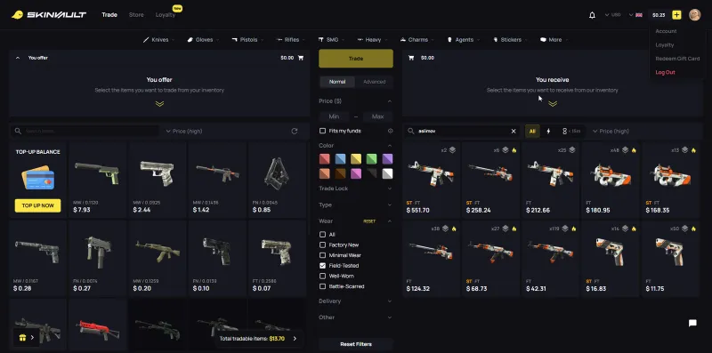 SkinVault trade interface with a you offer panel on the left and a you receive panel of CS2 skins on the right