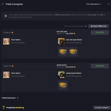SkinVault trade in progress split across two bot accounts marked as successful